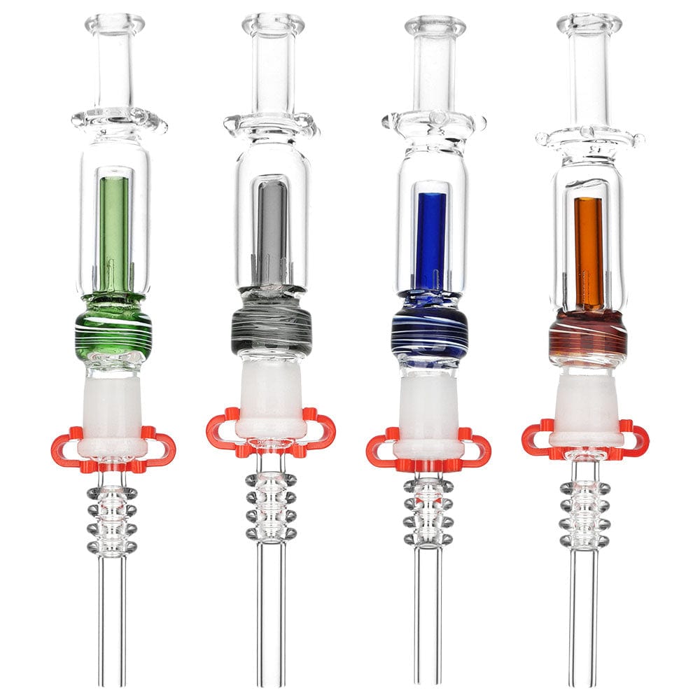 Front view of the Magic Maker Bubbler Dab Straw, showcasing the colorful glass design and slender profile.