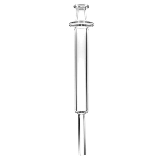 A straight-on view of the Quartz Minimalist Syringe Dab Straw, showing the clear glass construction and simple, elongated design.