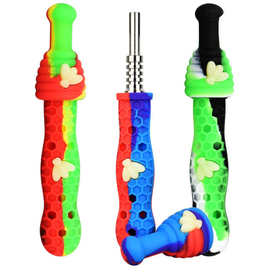 Front view of the Silicone UV Honeybee Vapor Straw w/ Cap, showing a colorful, angled straw with a protective cap.