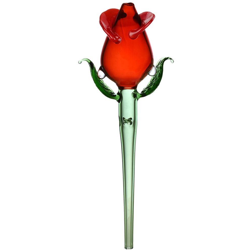 A close-up view of the Valentine Rose 6" Glass Dab Straw, shaped like a blooming red rose with a clear glass stem.