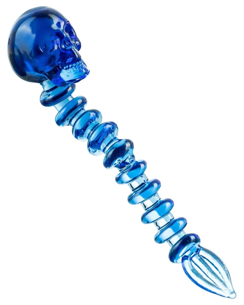 A close-up shot of the Fatality Dabber, showcasing its sculpted blue glass design and pointed tip.