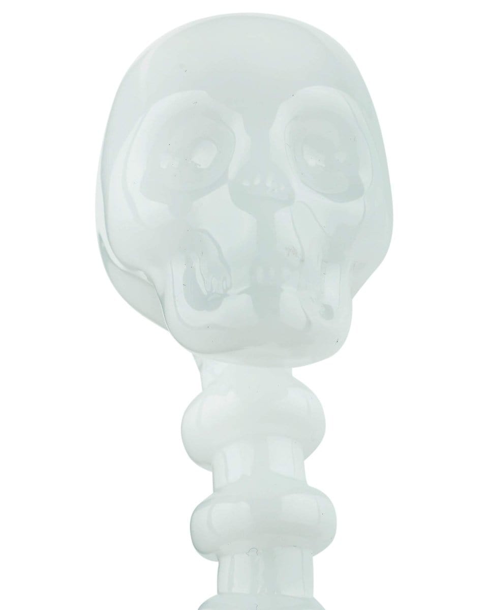 A studio shot of the Fatality Dabber, showcasing its smooth, glass construction with a unique, curved design.