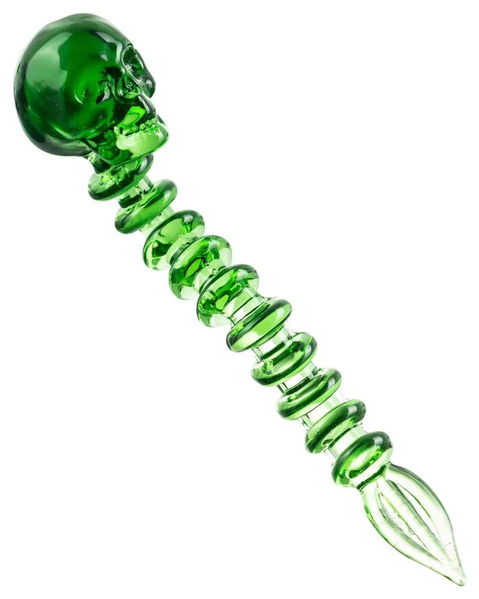 Front view of the Fatality Dabber, a sleek, green glass tool with a pointed tip, set against a plain white background.