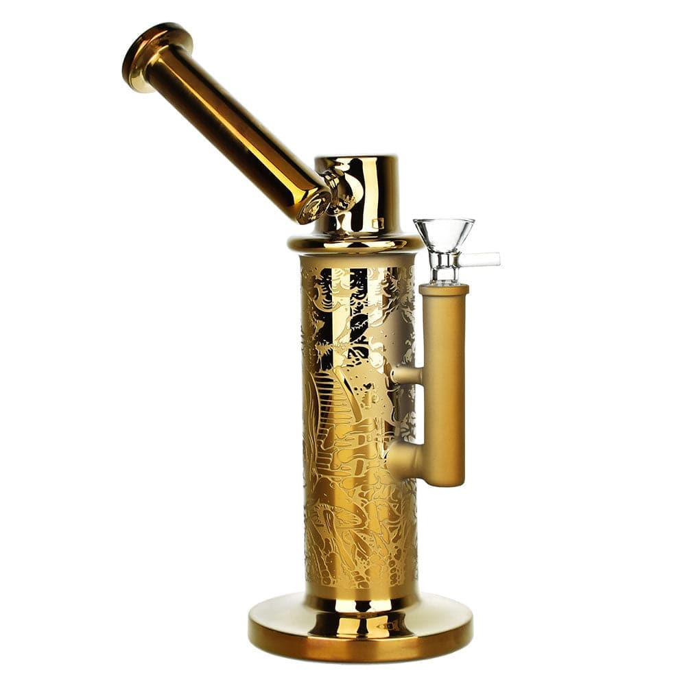 Front view of the Death & Decay Electroplated Water Pipe, a gold-toned glass piece with etched details and a clear joint.