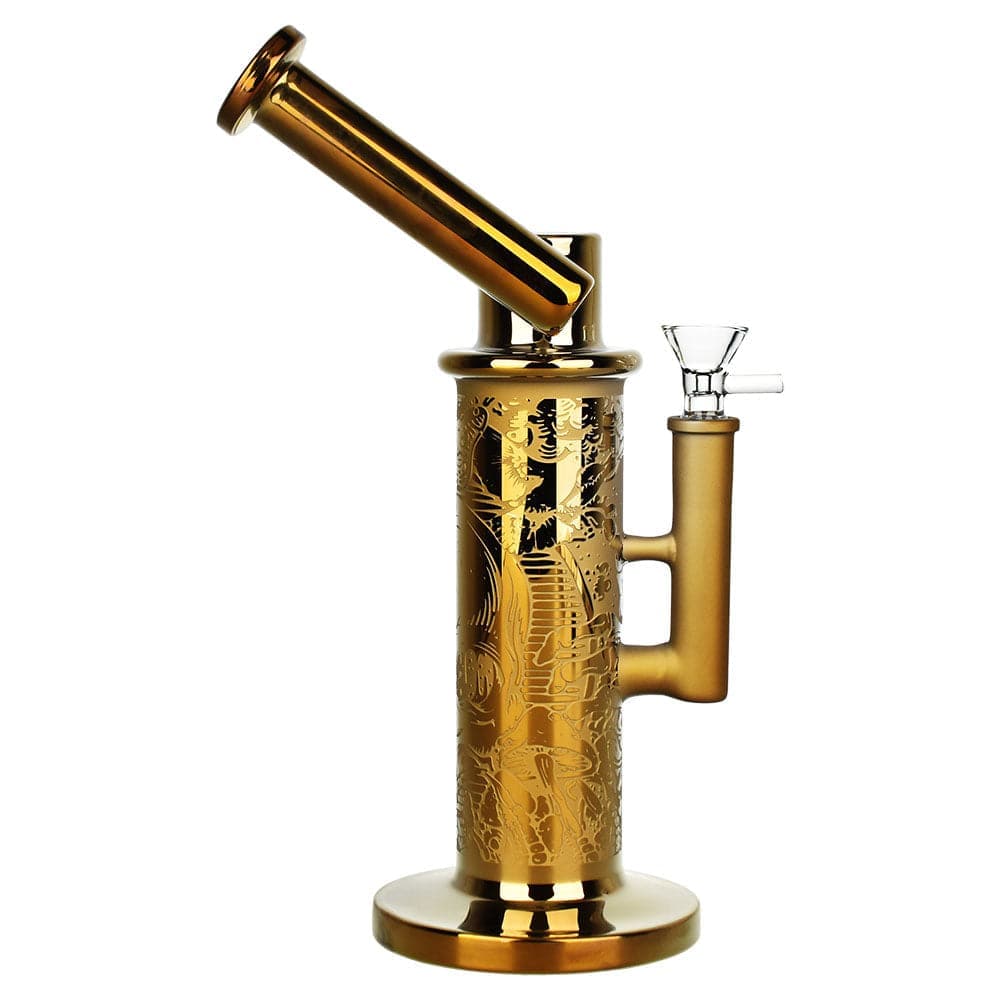 Front view of the Death & Decay Electroplated Water Pipe, showcasing its detailed electroplated finish and clear glass construction.