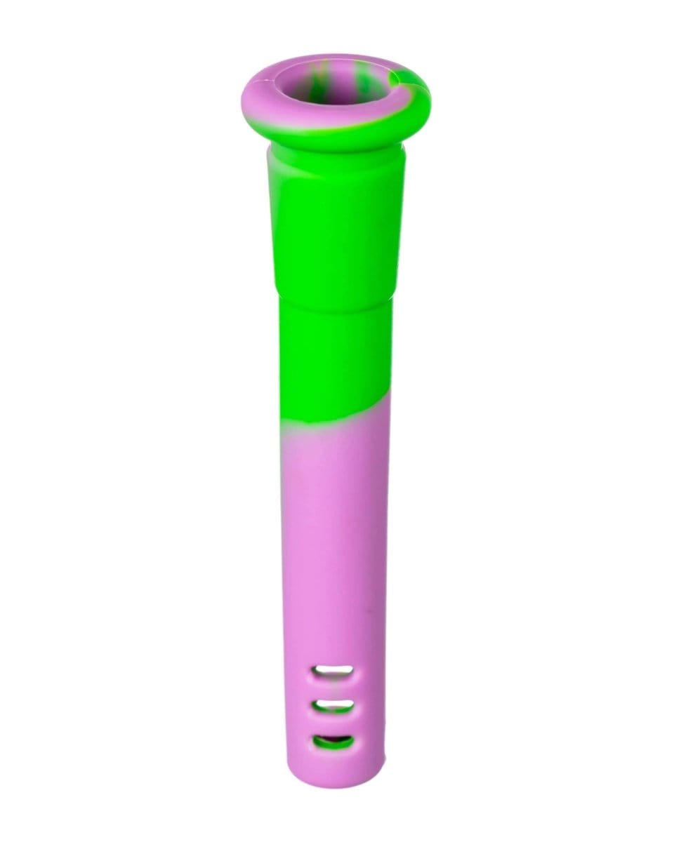 Front view of the 18mm to 14mm Silicone Downstem, a translucent, slightly curved piece with a smooth, seamless design.