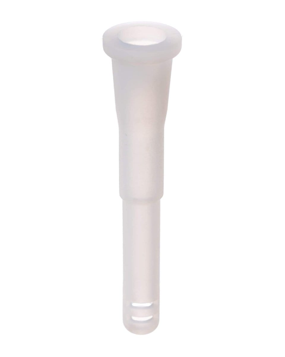 Front view of the 18mm to 14mm Silicone Downstem, a white, cylindrical piece with a slight taper.