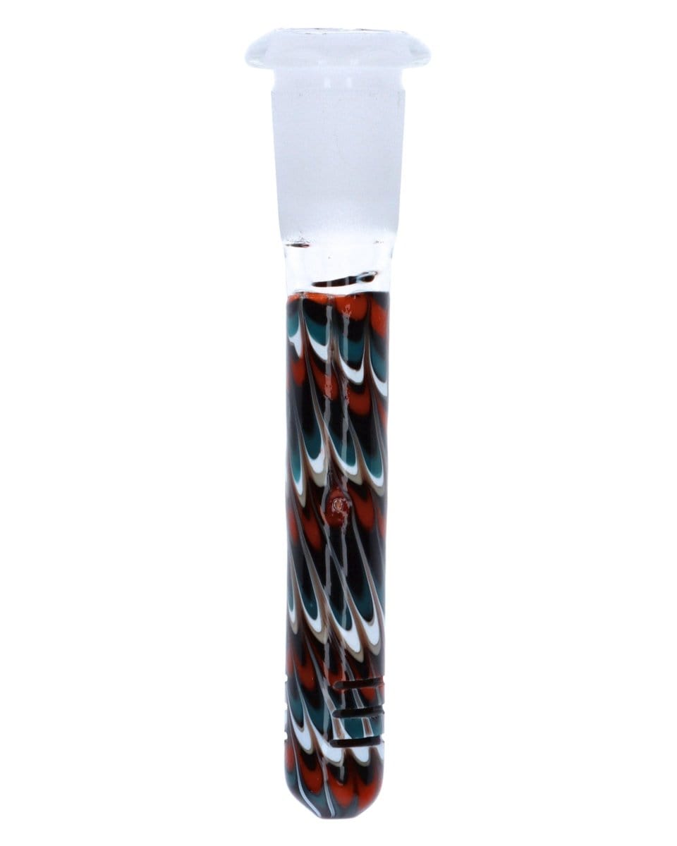 A downward-angle view of the Random Wig Wag Pattern 4" downstem, showcasing its colorful glass design.