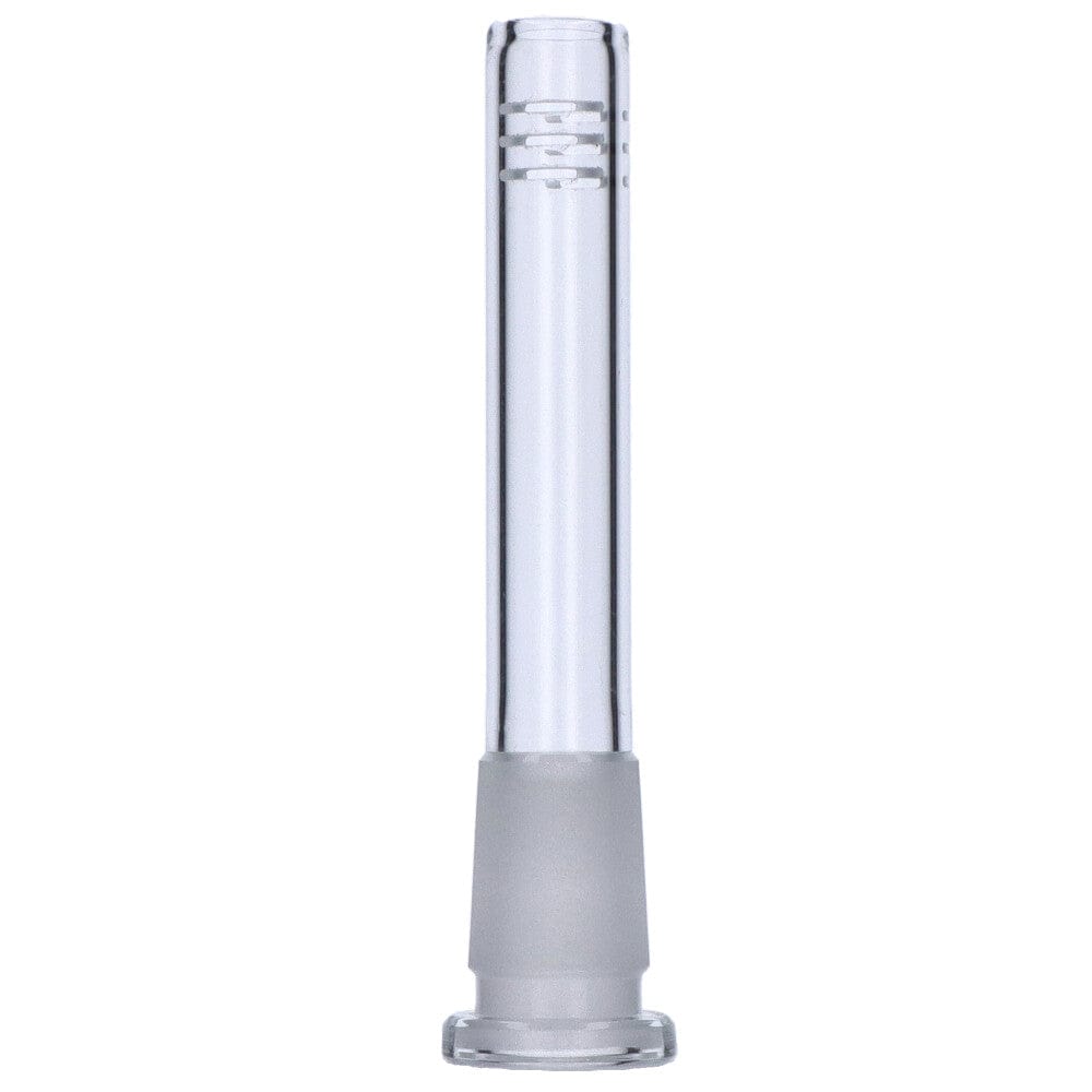 A straight, downward angled view of the 3-inch Replacement Downstem, showcasing its clear glass construction.
