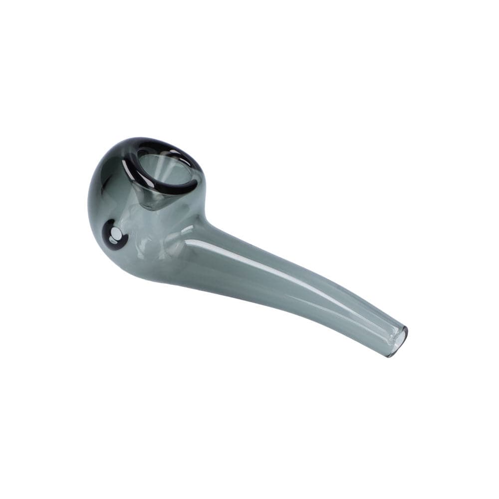 A side view of the Everyday Essentials 4" Bent Spoon Pipe, highlighting its curved design in clear glass.