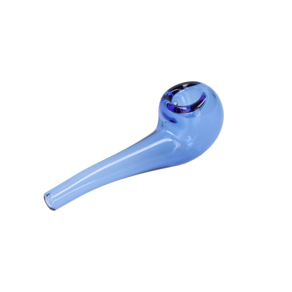 A side view of the Everyday Essentials 4" Bent Spoon Pipe, showcasing its curved design in clear glass.