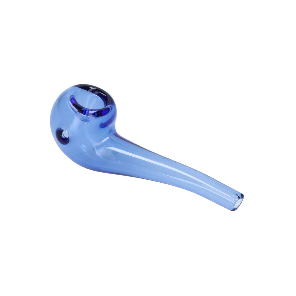 A three-quarter view of the 4-inch bent Everyday Essentials Spoon Pipe, showcasing its smooth glass form.