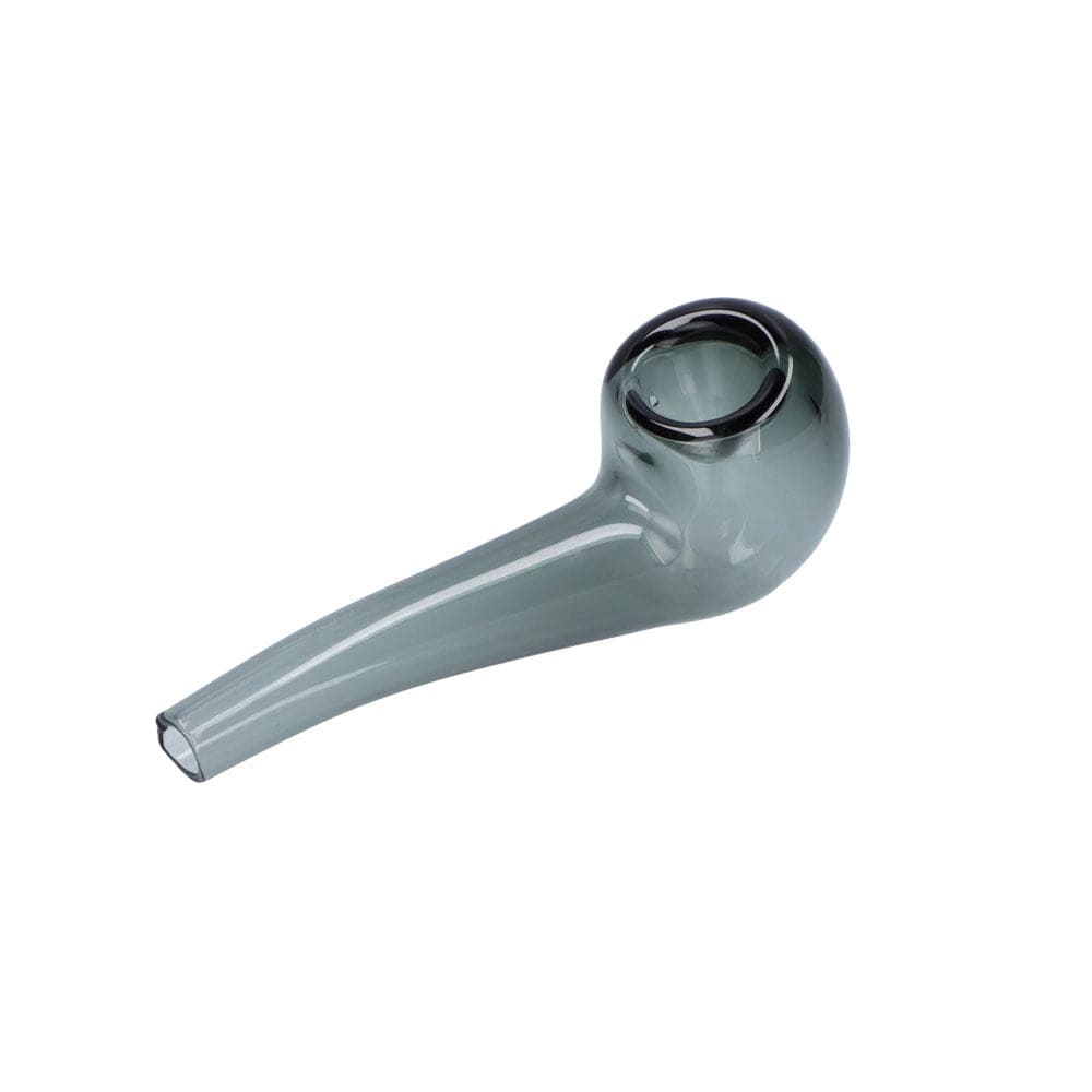 A three-quarter view of the 4-inch bent Everyday Essentials Spoon Pipe, showing its smooth, gray glass construction.