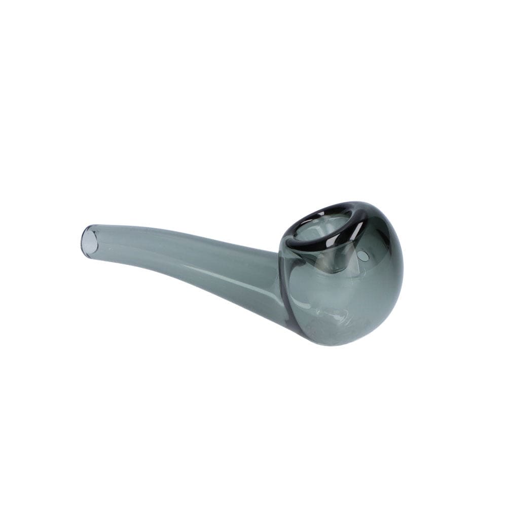 A side view of the Everyday Essentials 4" Bent Spoon Pipe, showcasing its curved design in clear glass.