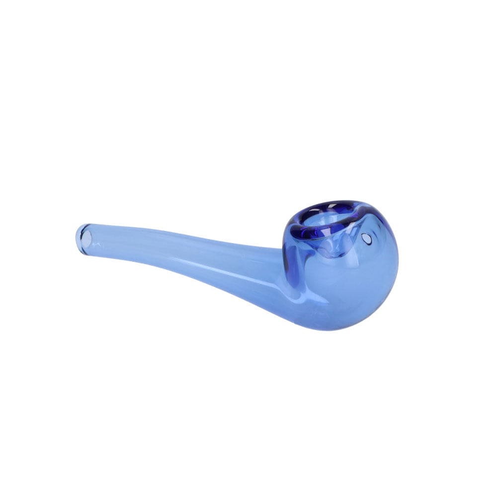 A side view of the Everyday Essentials 4" Bent Spoon Pipe, showcasing its curved design in blue glass.