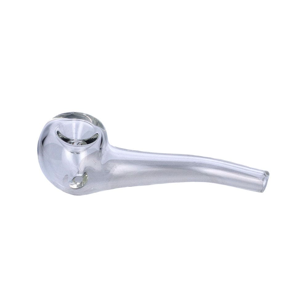 A side view of the Everyday Essentials 4" Bent Spoon Pipe, showcasing its curved design in clear glass.