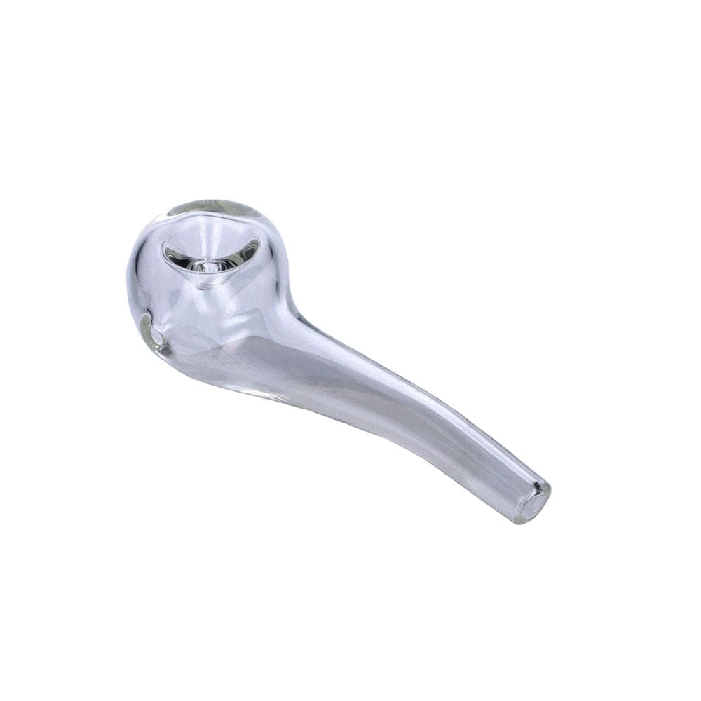A slightly angled view of the Everyday Essentials 4" Bent Spoon Pipe, showcasing its clear glass construction.