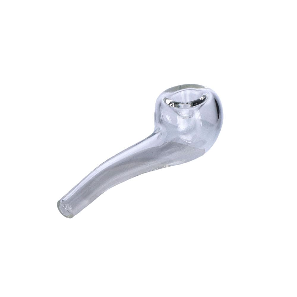 A three-quarter view of the 4-inch bent Everyday Essentials Spoon Pipe, showcasing its clear glass construction.