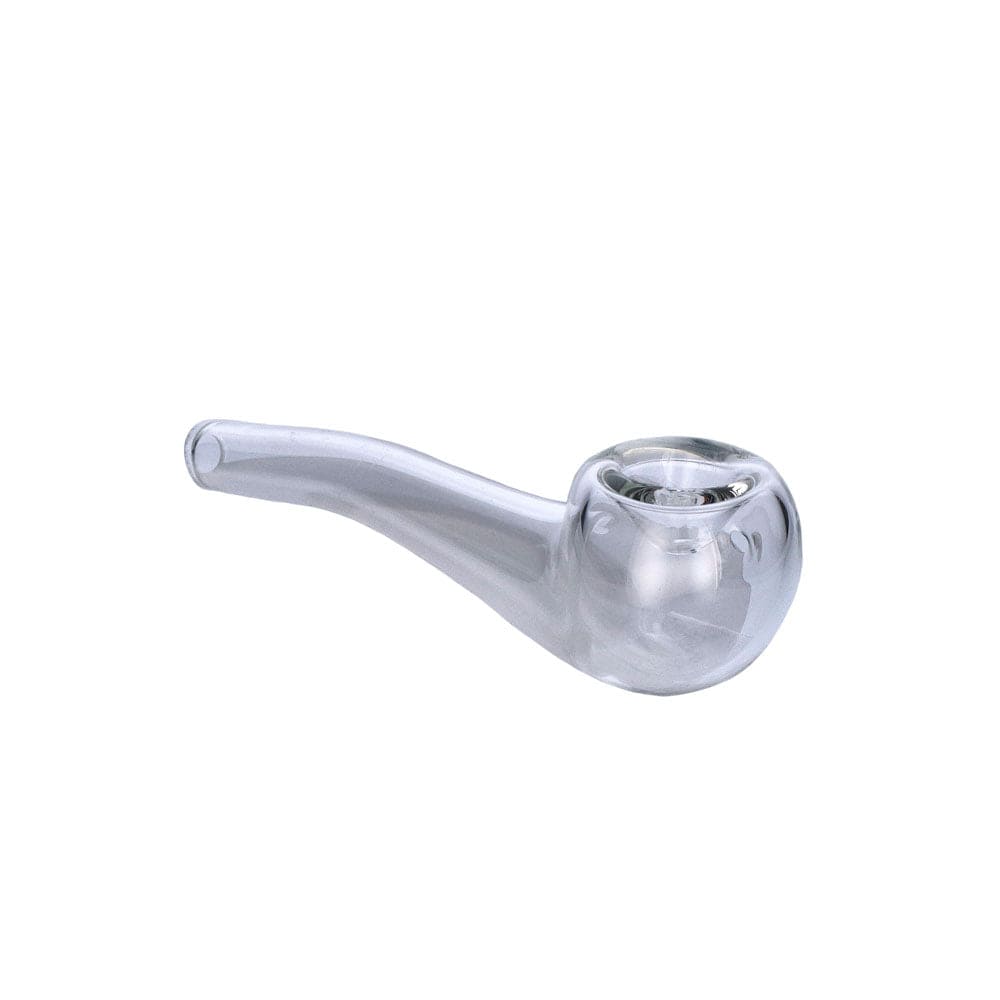 A slightly angled view of the Everyday Essentials 4" Bent Spoon Pipe, showcasing its curved design and smooth glass finish.