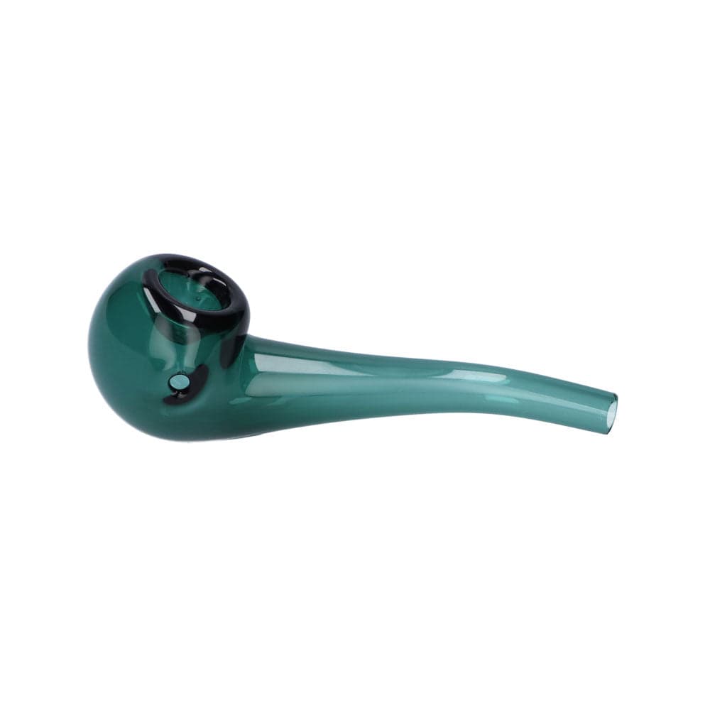 A side view of the Everyday Essentials 4" Bent Spoon Pipe, showcasing its curved design in a smooth, dark green finish.