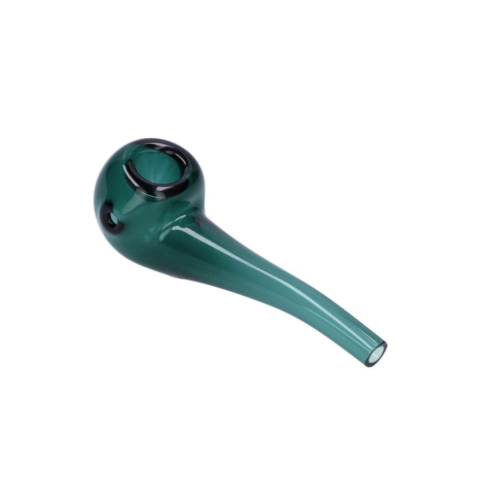 A side view of the Everyday Essentials 4" Bent Spoon Pipe, showing its curved shape and dark green glass material.
