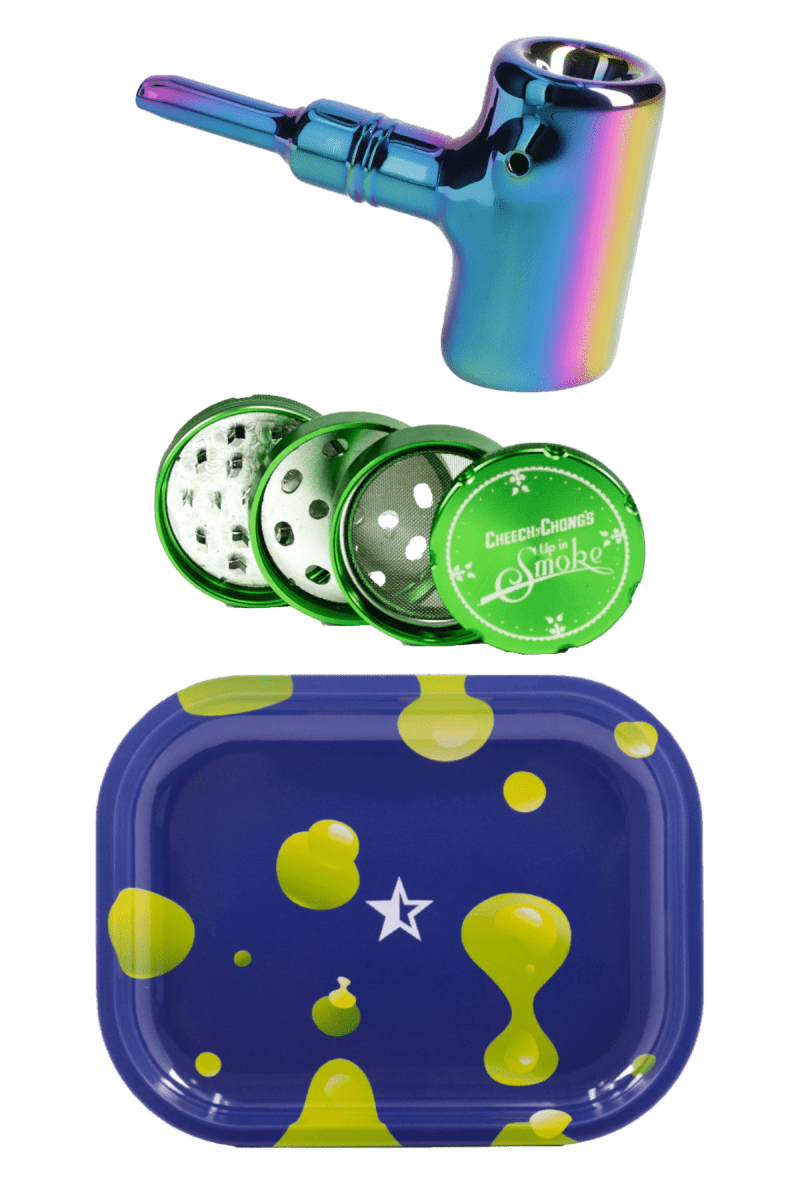 A close-up shot of the Famous X $30 Kit, featuring a grinder and colorful pieces against a bright blue background.