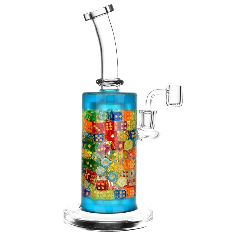 A three-quarter view of the 11-inch Feelin' Lucky Glass Rig with colorful accents and a standard glass joint.