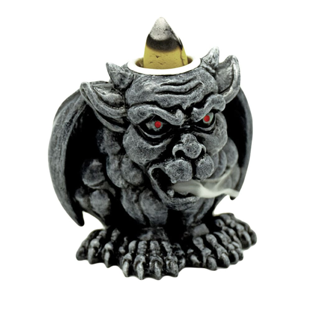 A close-up of the Gargoyle Backflow Polyresin Incense Burner – 2.8”, showing the detailed, sculpted gray stone figure with smoke rising from its mouth.