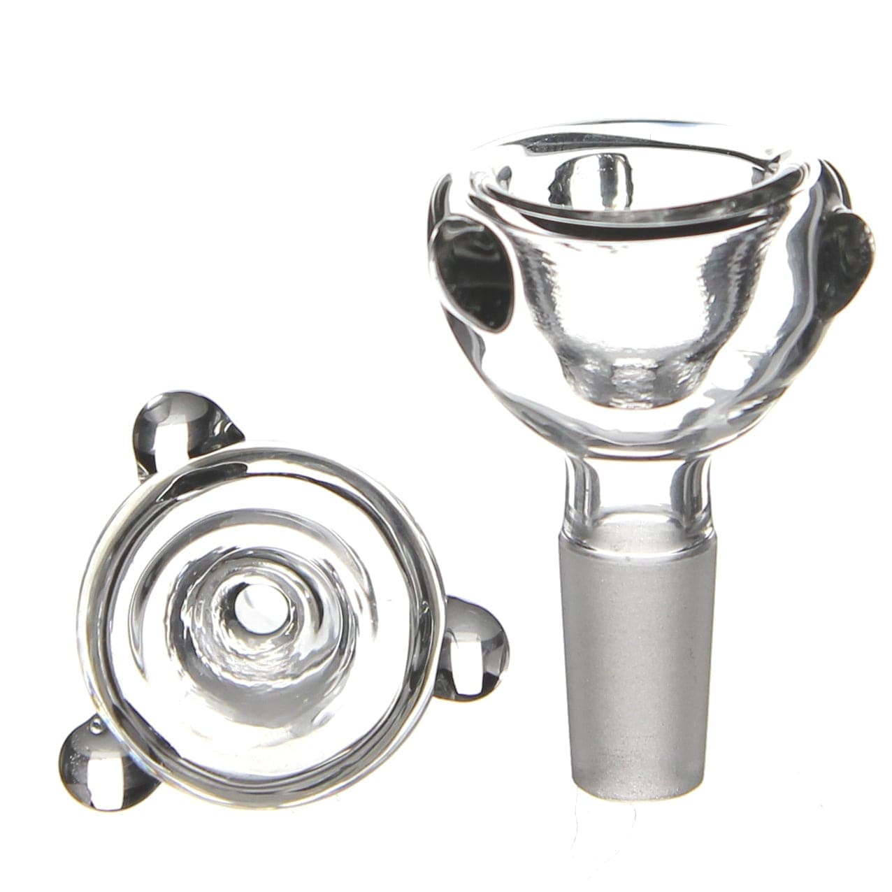 A close-up, angled view of the 10mm Flower Bowl, showing its clear glass construction and rounded shape.