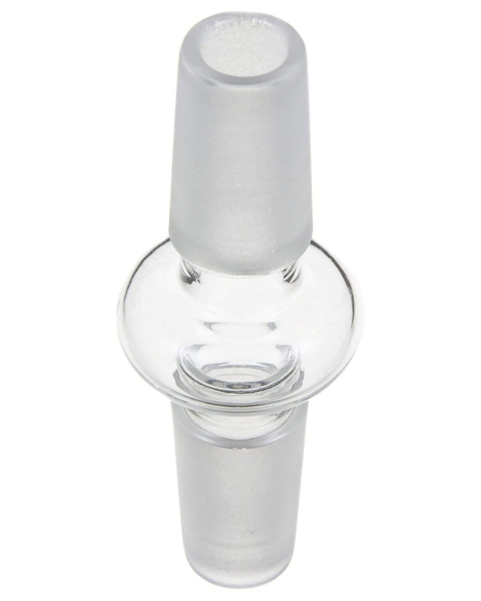 A close-up, angled view of the Male to Male Glass Adapter, showcasing its clear glass construction and simple cylindrical shape.