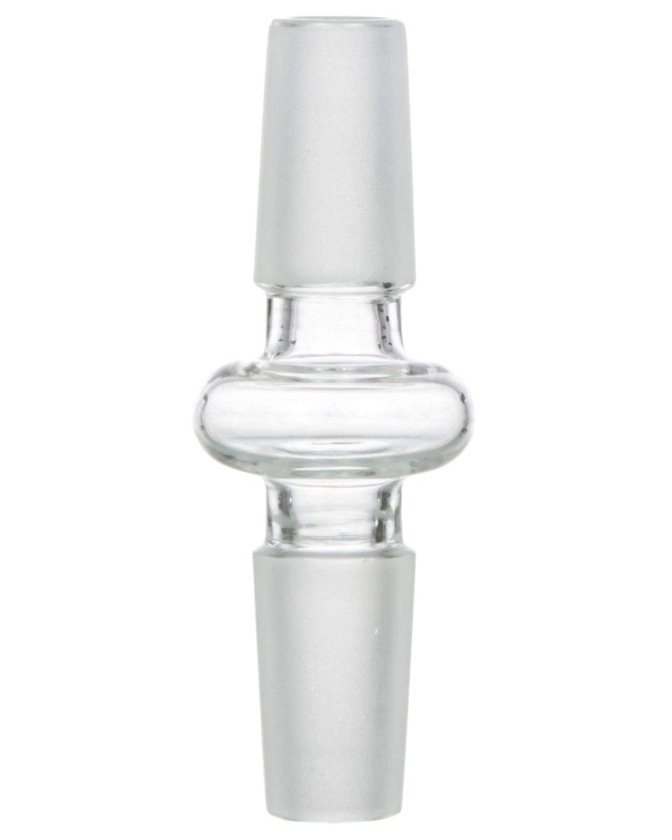 A straight-on view of the Male to Male Glass Adapter, showcasing its clear glass construction and simple cylindrical form.