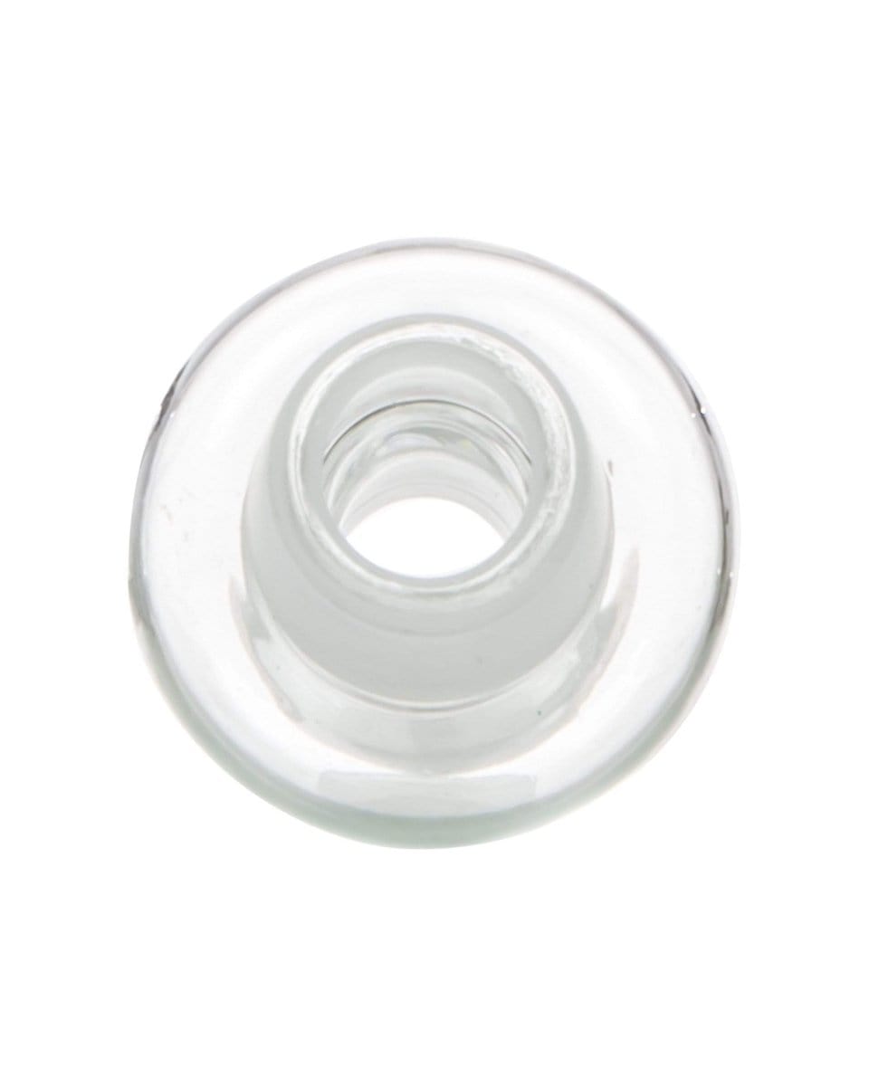 Close-up, angled view of the Male to Male Glass Adapter, showing the clear glass connection point.