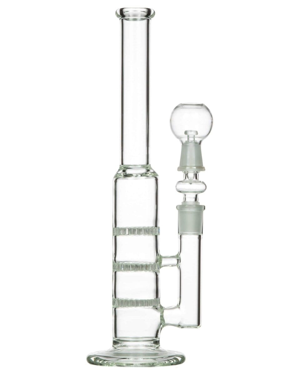 The Male to Male Glass Adapter is displayed in a close-up, angled shot, showing its clear glass construction and cylindrical shape.