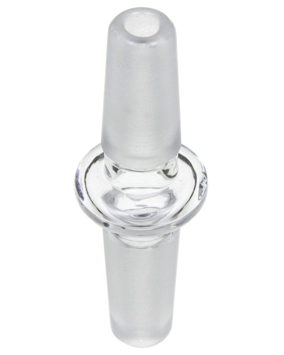 A clear glass Male to Male Glass Adapter is shown in a close-up, angled view against a white background.