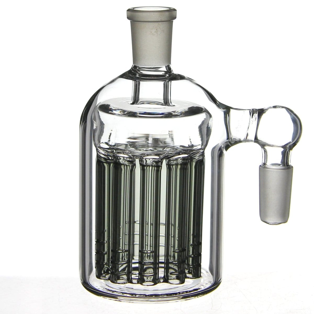 Front view of the Canned Tree Perc Ash Catcher, showing a clear glass piece with multiple vertical percolators.