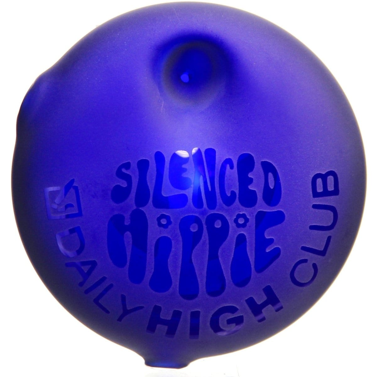 Front view of the Daily High Club x Silenced Hippie "Peace" Pipe, a small, rounded glass piece reflecting light.