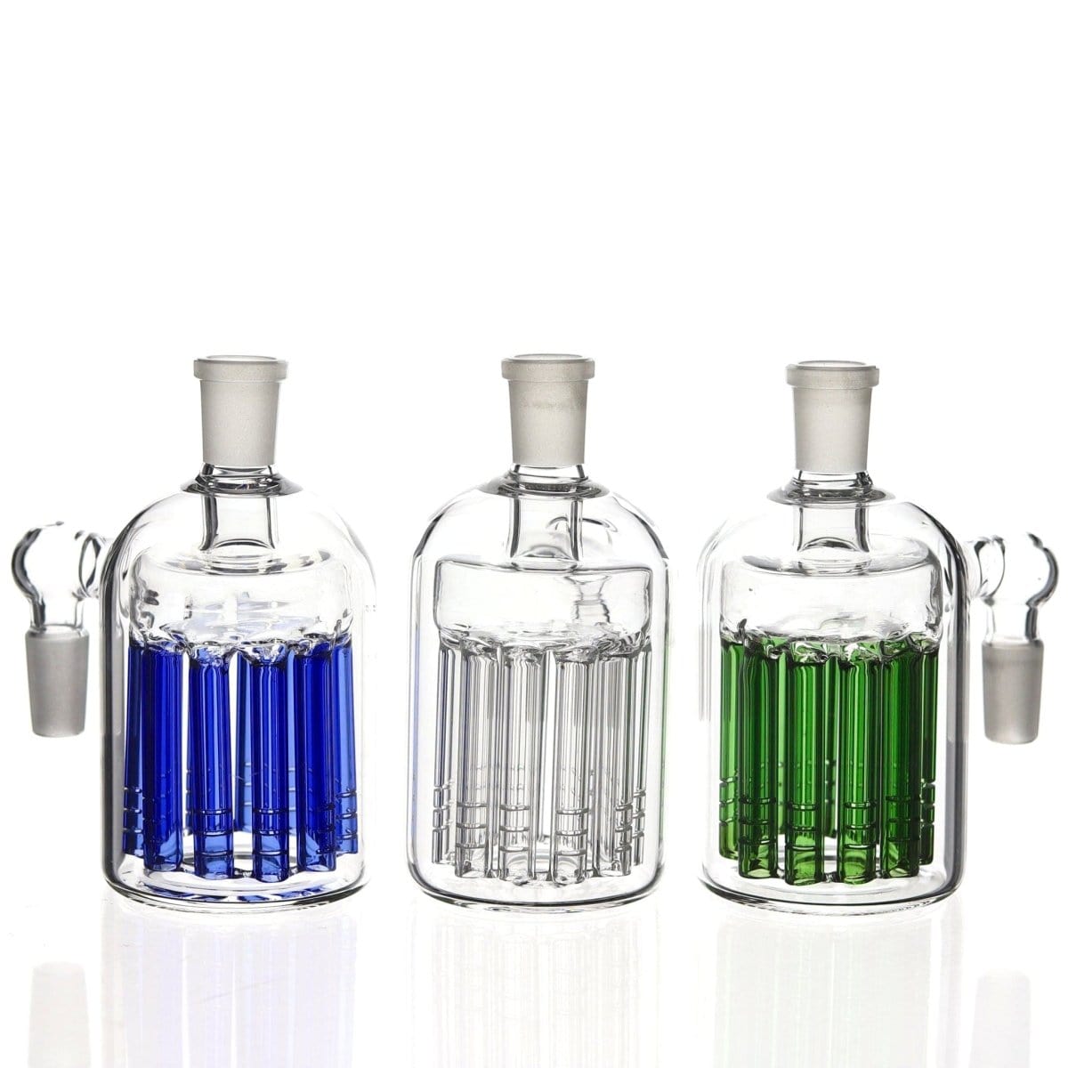 Front view of the Canned Tree Perc Ash Catcher, a clear glass piece with multiple diffusion percs visible inside.