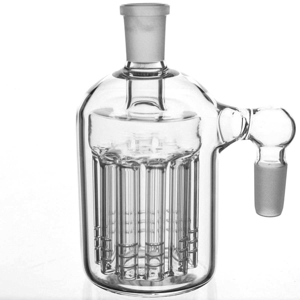 Front view of the Canned Tree Perc Ash Catcher, a clear glass piece with multiple percs visible within its cylindrical shape.