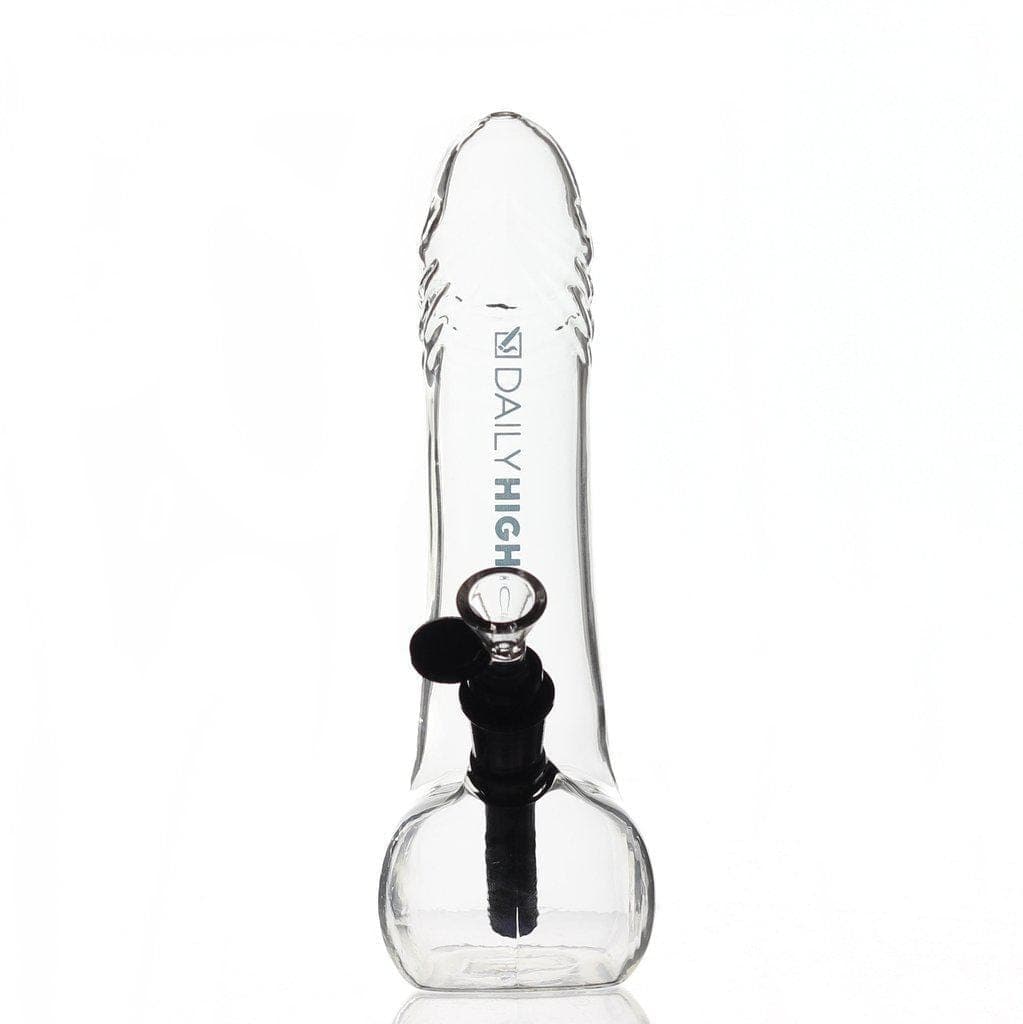 A studio shot displays the “Daily High Club ‘Dick’” bong, a clear glass piece angled against a plain white background.
