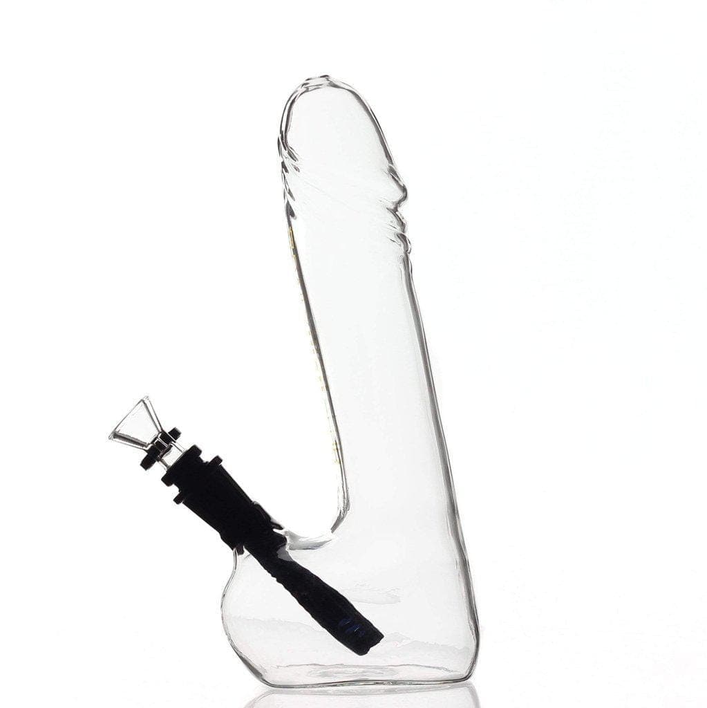 Front view of the Daily High Club "Dick" Bong, a clear glass water pipe with a unique curved design, reflecting off a glossy surface.