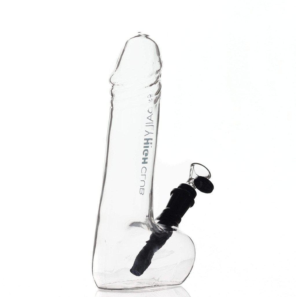 A studio shot of the Daily High Club "Dick" Bong, showcasing its clear glass form and unique shape against a plain white background.