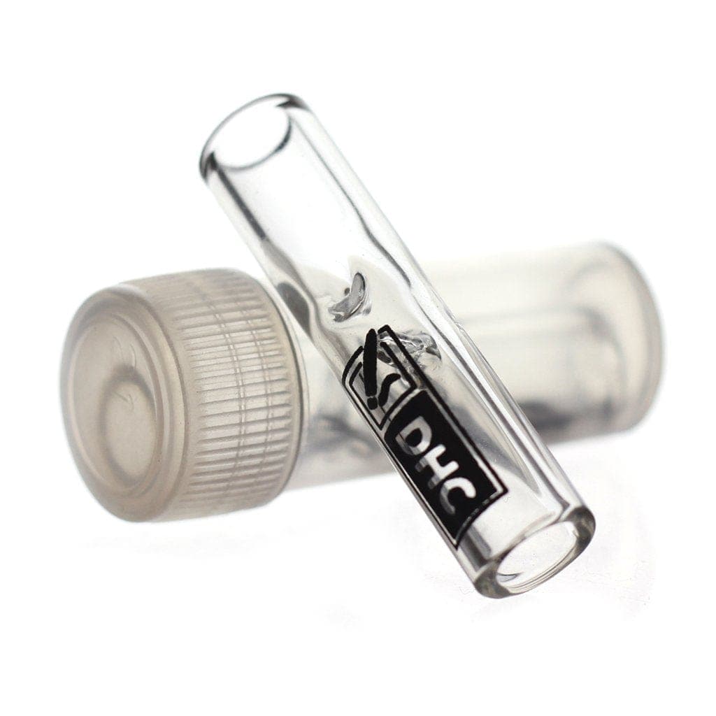 A close-up, angled view of the DHC Originals Glass Filter Tip, showcasing its clear glass construction.
