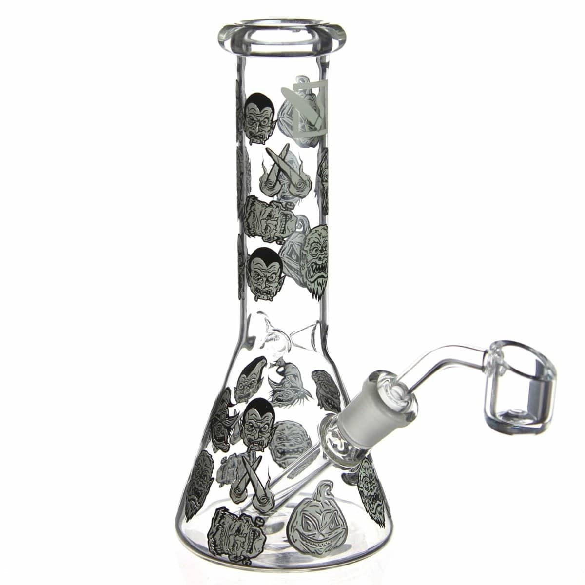 Front view of the DHC Originals "Monster Mash Beaker" dab rig, showing a clear glass beaker with monster face designs.