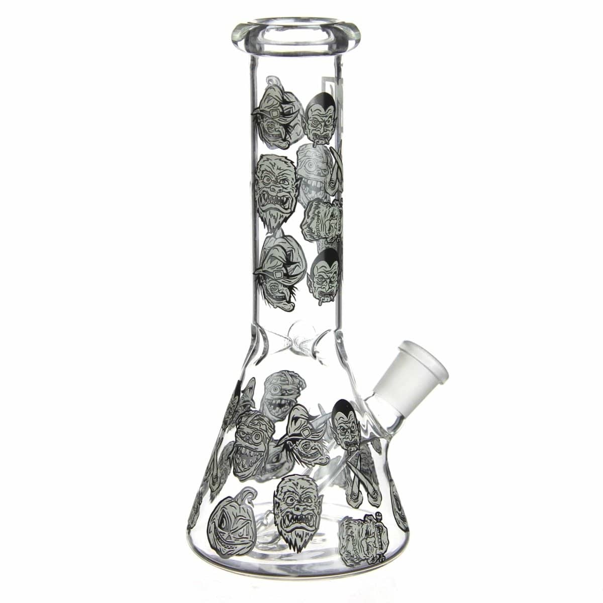 Front view of the DHC Originals "Monster Mash Beaker" dab rig, showcasing detailed monster faces etched into clear glass.