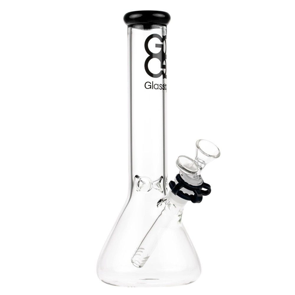 A front view of the 10-inch Glasscity Beaker Ice Bong in black, showcasing its classic beaker shape and clear glass construction.