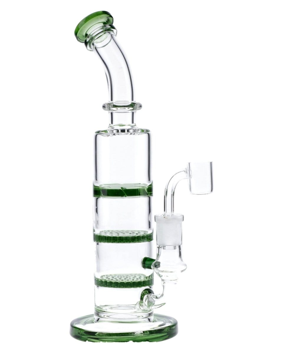 Front view of the 9.5" Triple Honeycomb Dab Rig, featuring a clear glass construction with a stacked honeycomb percolator.