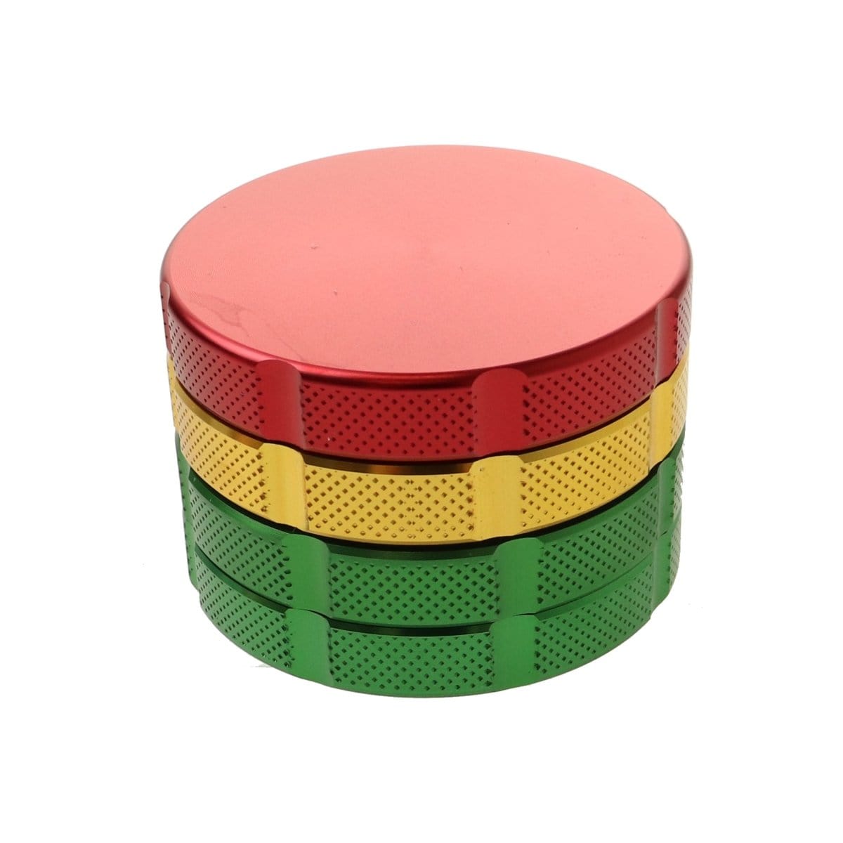 A top-down view of the 60mm 3-Stage Rasta Aluminum Grinder, showing its circular, multi-tiered design.