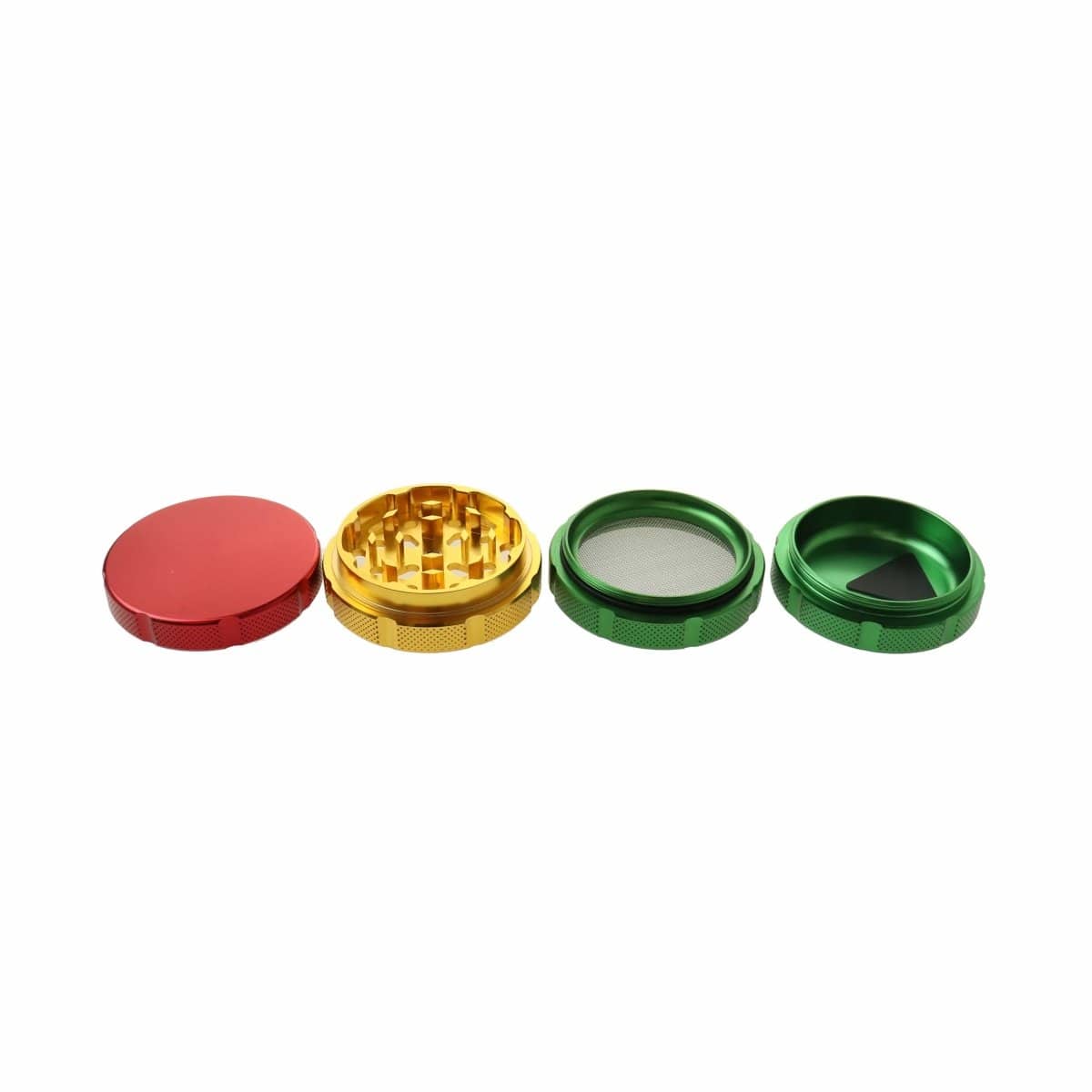 A top-down view of the disassembled 60mm 3-Stage Rasta Aluminum Grinder, showcasing its three silver and black metal stages.