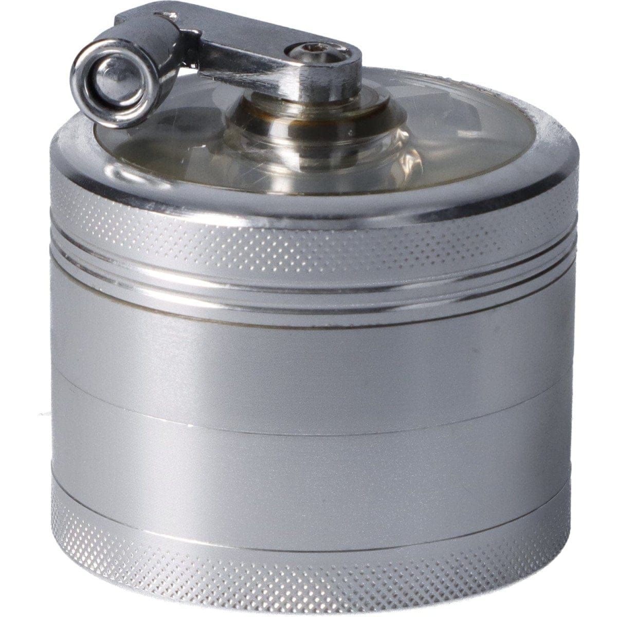 A close-up, angled view of the Aluminum Reeling Handle Grinder, showcasing its metallic finish and compact cylindrical shape.