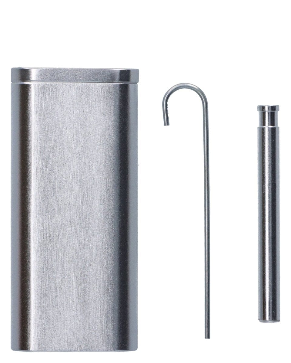 Front view of the 4" Aluminum Dugout And Chillum, showing the metallic case and slim chillum positioned side-by-side on a white background.